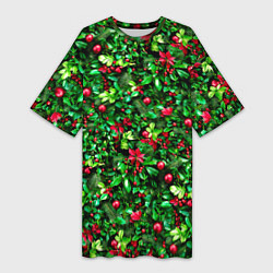 Футболка женская длинная Ягоды падуба на новогодней елке, цвет: 3D-принт