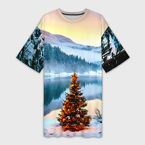 Женская длинная футболка Новогодняя елочка на берегу озера / 3D-принт – фото 1