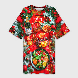 Футболка женская длинная Новогодний праздничный стол, цвет: 3D-принт