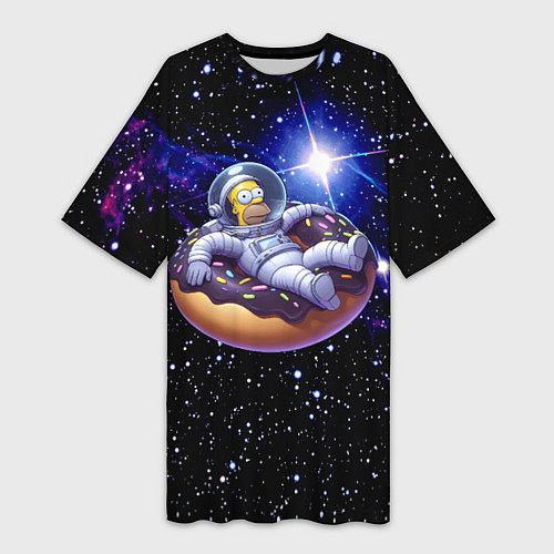 Женская длинная футболка Космонавт Гомер Симпсон на пончике - нейросеть / 3D-принт – фото 1