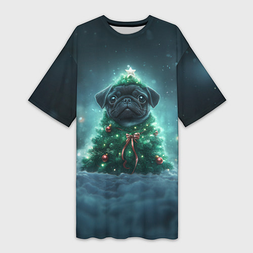 Женская длинная футболка Черный мопс - елка / 3D-принт – фото 1