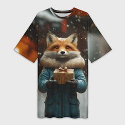 Футболка женская длинная Лиса с подарком, цвет: 3D-принт