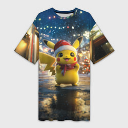 Футболка женская длинная Новогодний Пикачу, цвет: 3D-принт