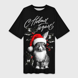 Футболка женская длинная Милый кролик в шапке Деда Мороза, цвет: 3D-принт