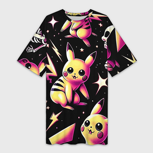 Женская длинная футболка Pikachu and skeletons - pattern / 3D-принт – фото 1