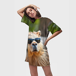 Футболка женская длинная Модная капибара в темных очках, цвет: 3D-принт — фото 2