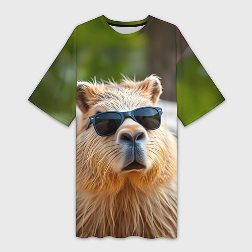Женская длинная футболка Модная капибара в темных очках / 3D-принт – фото 1