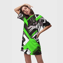 Футболка женская длинная Бело-зелёный техно паттерн на чёрном фоне, цвет: 3D-принт — фото 2