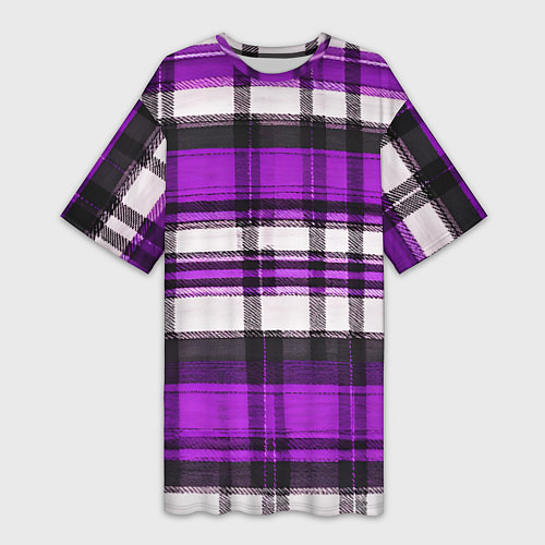 Женская длинная футболка Фиолетово-белая ткань в клетку / 3D-принт – фото 1