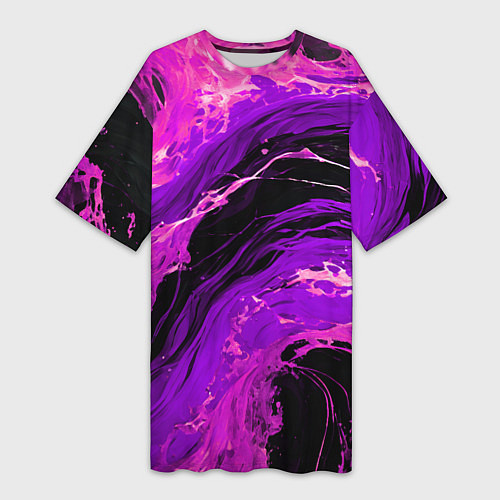 Женская длинная футболка Фиолетовые брызги на чёрном фоне / 3D-принт – фото 1