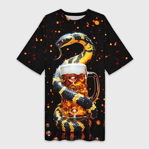 Женская длинная футболка Змея с кружкой пива в новогоднюю ночь / 3D-принт – фото 1