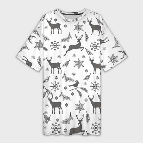 Женская длинная футболка Новогодние мотивы олени и снежинки / 3D-принт – фото 1