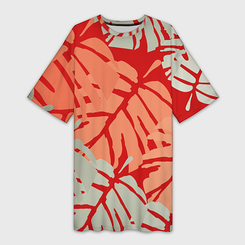 Женская длинная футболка Отпечатки монстеры на красном / 3D-принт – фото 1