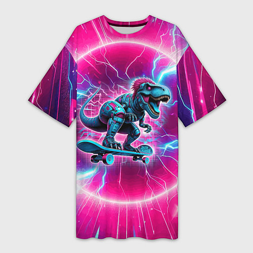 Женская длинная футболка Cyber tyrannosaurus is a cool skateboarder / 3D-принт – фото 1