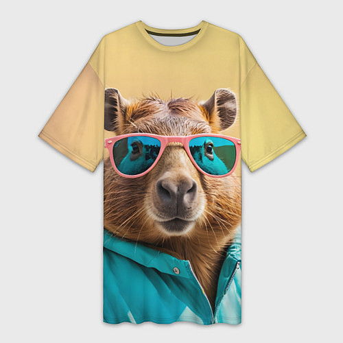 Женская длинная футболка Модная капибара в отпуске / 3D-принт – фото 1