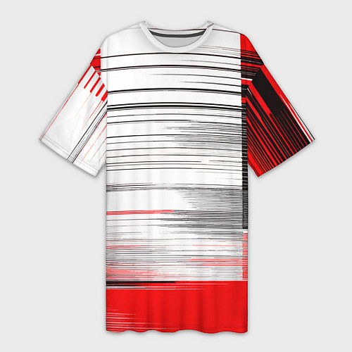 Женская длинная футболка Чёрные вертикальные полосы на красно-белом фоне / 3D-принт – фото 1