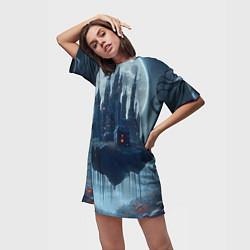 Футболка женская длинная Замок Дракулы и неоновые грибы - нейроарт фантазия, цвет: 3D-принт — фото 2