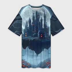 Женская длинная футболка Замок Дракулы и неоновые грибы - нейроарт фантазия