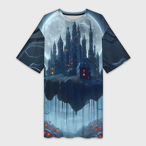 Женская длинная футболка Замок Дракулы и неоновые грибы - нейроарт фантазия / 3D-принт – фото 1