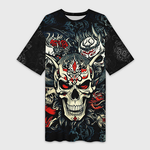 Женская длинная футболка Маска Хання на черепе самурая на фоне духов / 3D-принт – фото 1