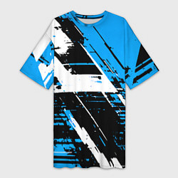 Женская длинная футболка Diagonal black and white stripes on a blue backgro