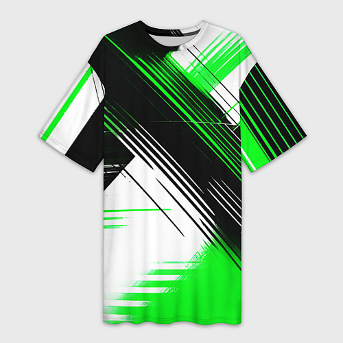 Женская длинная футболка Диагональные зелёно-чёрные линии на белом фоне / 3D-принт – фото 1