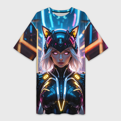 Женская длинная футболка Девушка кошка неон / 3D-принт – фото 1