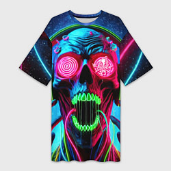 Футболка женская длинная Metallica - neon skull with headphones, цвет: 3D-принт