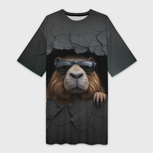 Женская длинная футболка Капибара в стене / 3D-принт – фото 1