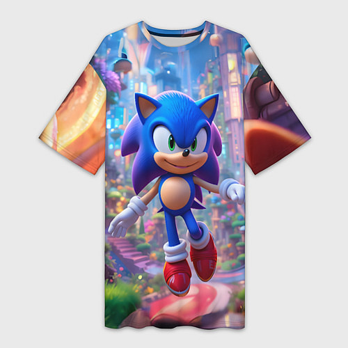 Женская длинная футболка Соник в красочной стране / 3D-принт – фото 1