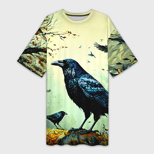 Женская длинная футболка Черный ворон в осеннем лесу / 3D-принт – фото 1