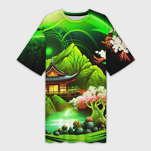 Женская длинная футболка Природа Японии в зеленых цветах / 3D-принт – фото 1