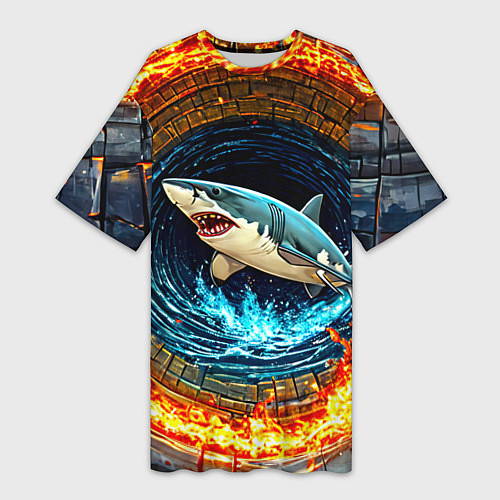 Женская длинная футболка Акула в огненом колодце / 3D-принт – фото 1