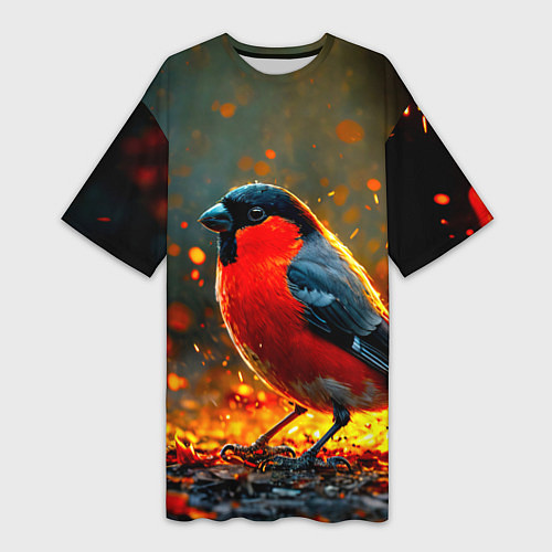 Женская длинная футболка Снегирь в огне / 3D-принт – фото 1