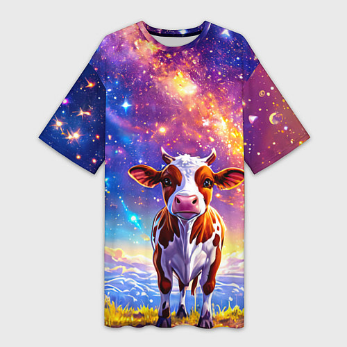 Женская длинная футболка Коровка и звездное небо / 3D-принт – фото 1