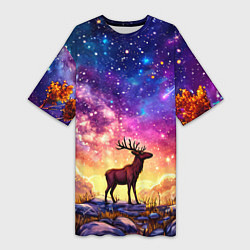 Футболка женская длинная Лось и звездное небо, цвет: 3D-принт