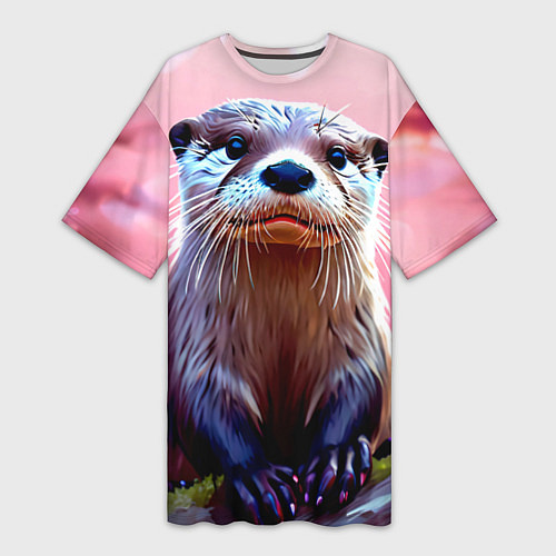 Женская длинная футболка Выдра в розовом цвете / 3D-принт – фото 1