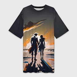 Футболка женская длинная Пара на пляже, цвет: 3D-принт