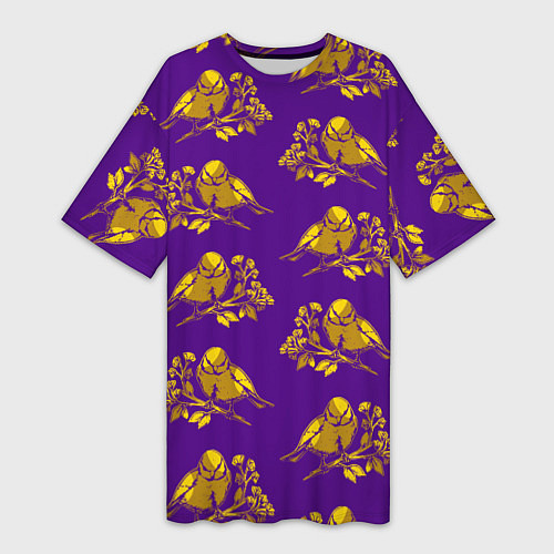 Женская длинная футболка Золотые птички на индиго / 3D-принт – фото 1