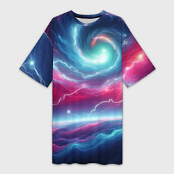 Футболка женская длинная Spiral neon galaxy - ai art fantasy, цвет: 3D-принт
