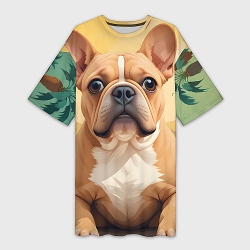 Женская длинная футболка Бульдог и пальмы / 3D-принт – фото 1