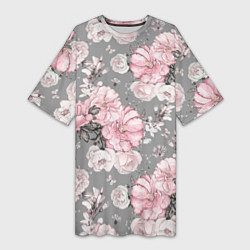 Женская длинная футболка Розовые розы на сером