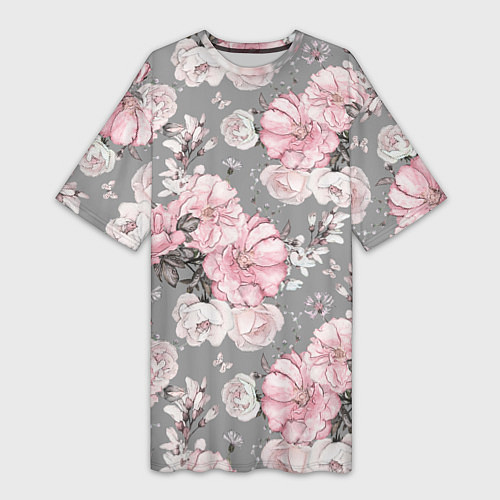 Женская длинная футболка Розовые розы на сером / 3D-принт – фото 1