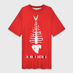 Женская длинная футболка Merry Christmas - skeleton fish