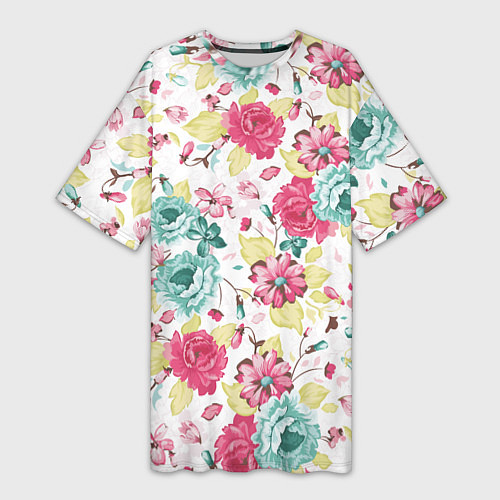 Женская длинная футболка Розы красные и бирюзовые / 3D-принт – фото 1