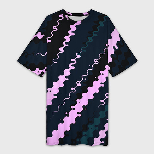 Женская длинная футболка Тёмно-синий с розовым искажённые полосы / 3D-принт – фото 1