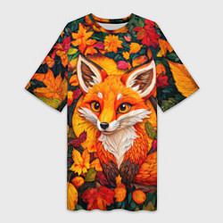 Футболка женская длинная Лисенок в осенних листьях, цвет: 3D-принт