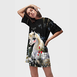 Футболка женская длинная Единорожка с золотыми копытами, цвет: 3D-принт — фото 2