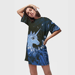 Футболка женская длинная Единорог и светлячки, цвет: 3D-принт — фото 2