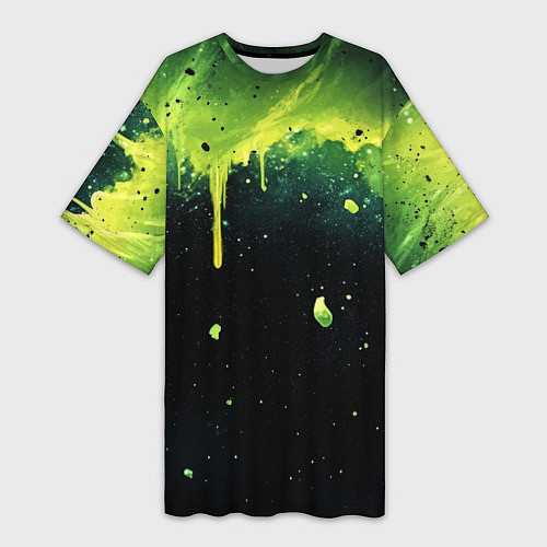 Женская длинная футболка Зеленая стекающая краска по черному фону / 3D-принт – фото 1